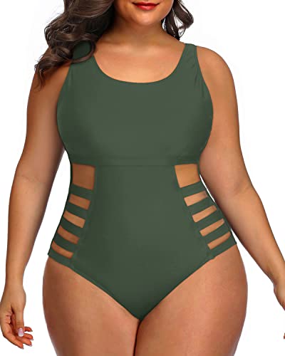 Removable Padded Bra Swimsuit Plus Size Side Cutout Sexy Swimwear-Olive Green