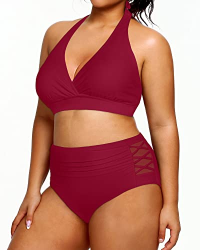 Plus Size Women's High Waisted Two Piece Swimsuit Tummy Control Halter Bikini-Red