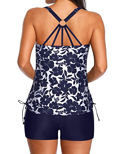 Soft Padded Tankini Modest Coverage Strappy Back Sports Bra-Navy Blue Flowers