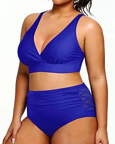 Flattering V Neck Plus Size Two Piece Bikini Swimsuits-Royal Blue