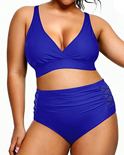 Flattering V Neck Plus Size Two Piece Bikini Swimsuits-Royal Blue