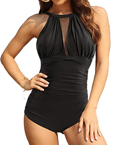 High Neck Ruched Monokini One Piece Swimsuits Tummy Control For Women-Black