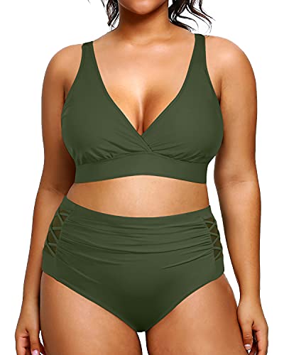 High Waisted Plus Size Bikini Swimsuits Two Piece Bathing Suits-Army Green