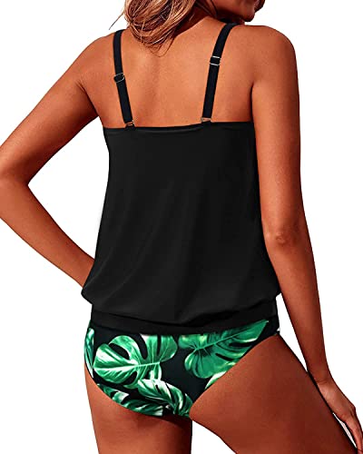 Flattering Blouson Style Blouson Tankini Swimsuits For Women-Black Leaf