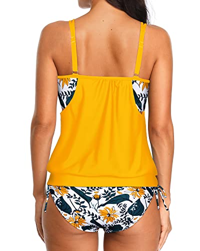 Athletic Two Piece Tankini Swimsuits Layered Tops And Bottoms-Yellow Floral