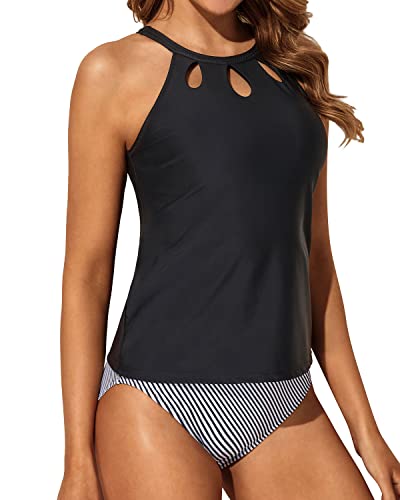 High Waisted & Keyhole Design Two Piece Tankini Bathing Suit-Black Stripe