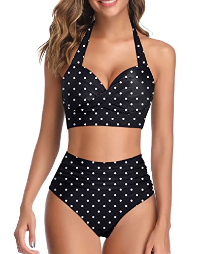 Women's 2 Piece High Waisted Bikini Swimsuits Tummy Control Bathing Suits-Black Dot