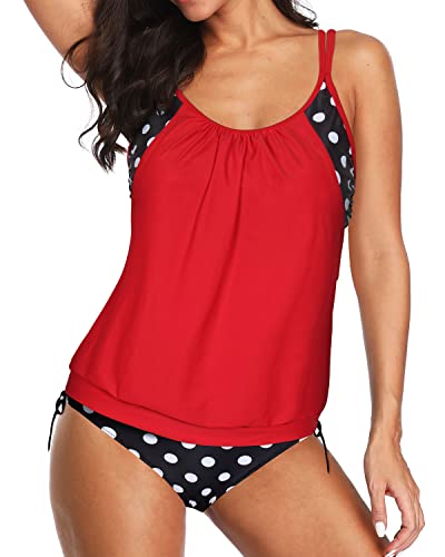 Deep Cut Sides Blouson Tankini Swimsuits For Women-Black Dot