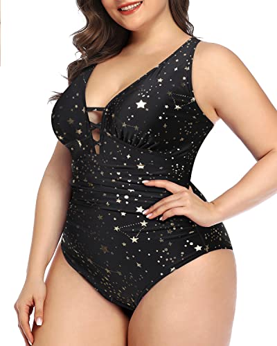 Adjustable Criss Cross Shoulder Straps Plus Size Slimming One Piece Swimsuit-Black Palm Tree,Gold Stars