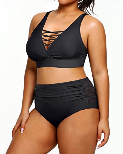 Plus Size Bikini High Waisted Swimsuits Two Piece Bathing Suits-Black