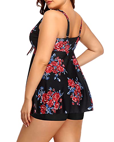 Plus Size Push Up Tankini Top Boy Shorts Tankini Set-Black And Red Floral