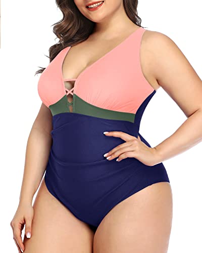 Sexy Deep V Neck One Piece Swimsuit Lace Up Front For Women-Pink Green Blue