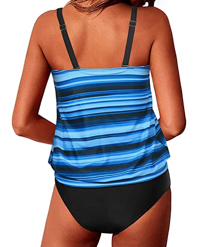 Loose Fit Tankini Blouson Swimsuits For Women-Blue Black Stripes