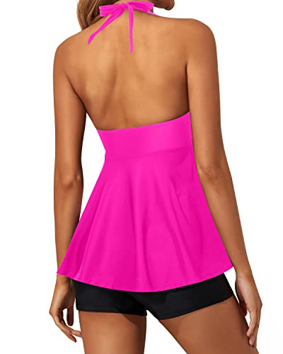 Open Back Detail Tankini Swimsuits For Women Shorts-Neon Pink And Black