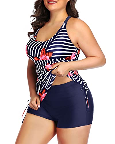 Women's Plus Size Tankini Swimsuit Top Shorts Athletic 2 Piece Swimwear-Blue Floral