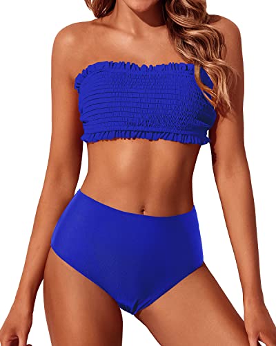 Cheeky Women's High Waisted Bikini Set Ruffle Off Shoulder Bathing Suit-Royal Blue