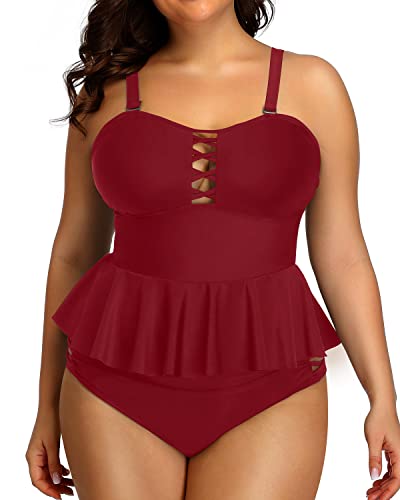 Plus Size Peplum Tankinis Tummy Control And High Waisted Bikini Bottoms-Maroon