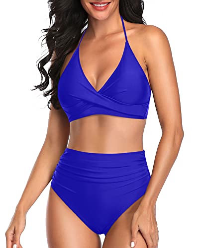 Tummy Control High Waisted Two-Piece Bathing Suit-Royal Blue