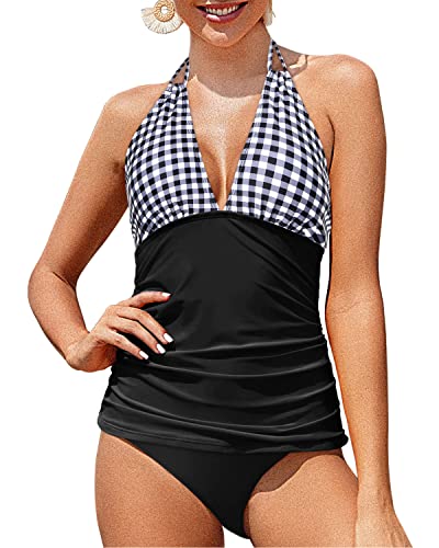 Backless V Neck Tankini Tops Ruched Bathing Suit-Black Plaid