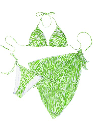 3 Piece Triangle Bikini Set Mesh Beach Skirt Cover Up-Green Zebra