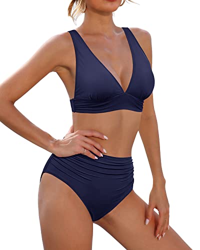 Ruched Two Piece Swimsuit High Waisted Bikini Tummy Control Bathing Suit-Navy Blue