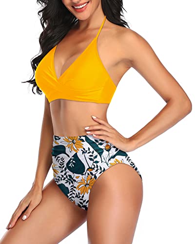 Women's High Necked Two Piece Bikini Set Halter Top Tummy Control Swimsuit-Yellow Floral