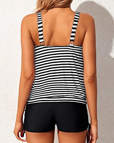 Loose Fit 2 Piece Bathing Suits Blouson Tankini Tops And Boyshorts-Black And White Stripe