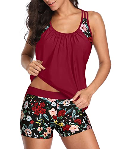 Ladies Sporty T-Back Tankini Swimwear Tummy Control Boy Shorts-Red Floral