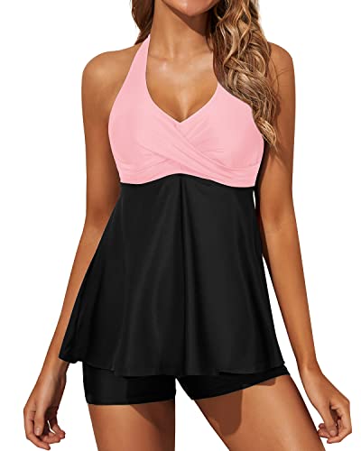 Sexy Bathing Suits Flowy Twist Front Tankini Swimsuits For Women Shorts-Pink And Black