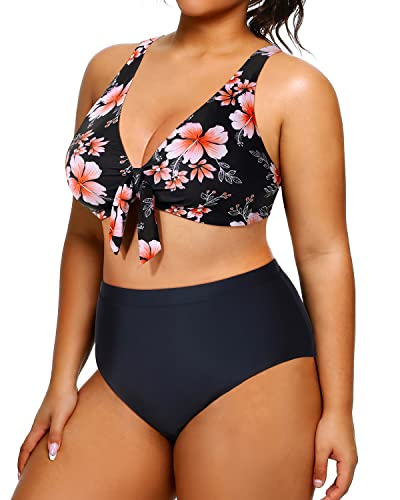 Slimming Plus Size Bikini High Waisted Swimsuits Two Piece Bathing Suits-Pink Flower