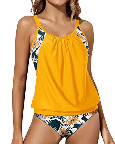 O-Ring Back Sports Bra Tankini Swimsuits For Women-Yellow Floral