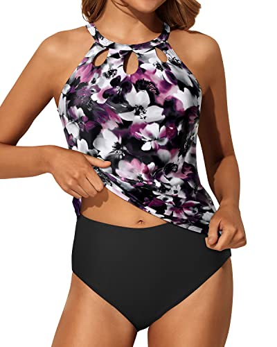 Backless Halter Neck Sexy Tankini Swimsuits For Women High Waisted Shorts-Purple Floral