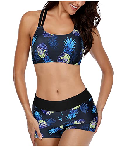 Athletic Tankini Top Boyshort 3 Piece Tankini Swimsuits For Women-Black Pineapple