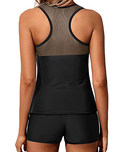 2 Piece Sporty Mesh Patchwork Tankini Swimsuit Shorts-Black