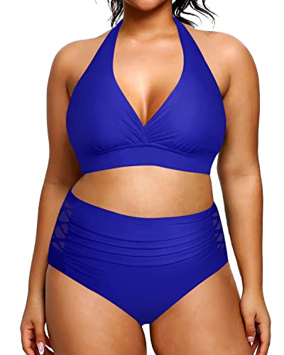 V Neck Two Piece Plus Size Halter Bikini Swimsuits Push Up Pads-Royal Blue