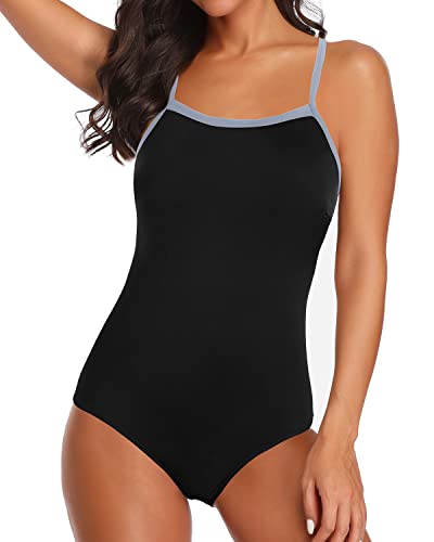 Sport Slimming Quality Fabric Athletic One Piece Swimsuits For Women-Black And Grey