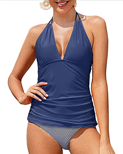 Ruched Bathing Suit Tankini Swimsuits Slim Down Body Shape-Blue White Stripe