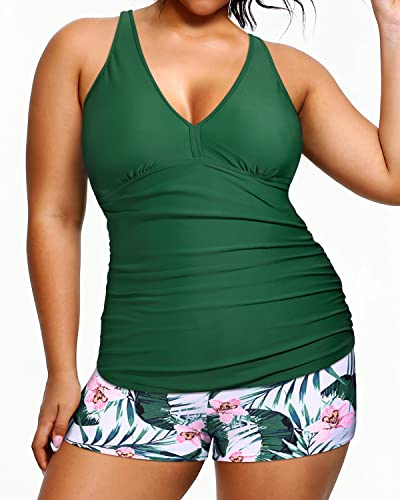 Athletic Plus Size Bathing Suits V Neckline Modest Swimsuits For Women-Green Tropical Floral