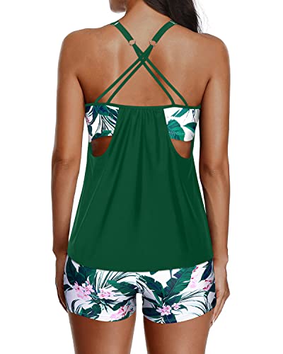 Loose Fit To Hide Tummy & Back Tankini Swimsuits For Women-Green Floral