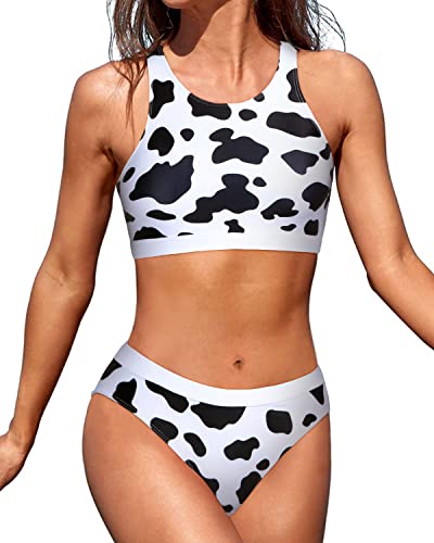 High Neck Two Piece Swimsuits Cutout Cross Back Bathing Suits-White Cow