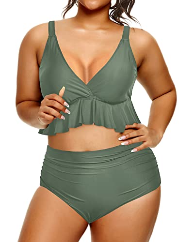 Tummy Control Plus Size Swimsuits For Women High Waisted Bikini Set-Olive Green