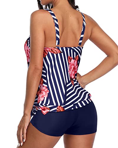 Women's Blouson Tankini Top Shorts Tummy Control Loose Fit-Blue Floral