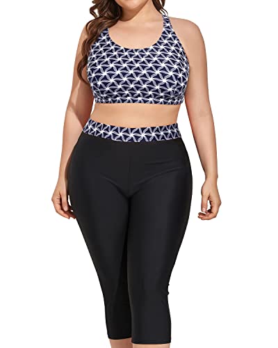 Modest Plus Size Bathing Suits Tankini Tops & Swim Capris-Navy Blue