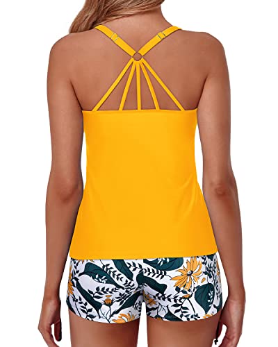 Adjustable Straps Two Piece Tankini Swimsuits For Women Boy Shorts-Yellow Floral