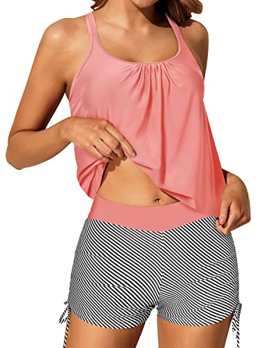 Full Coverage Adjustable Shoulder Straps Womens Blouson Tankini Swimsuits-Coral Pink Stripe