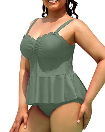 Women's Ruffle Hem Peplum Tankini Top High Waisted Swim Bottom Swimsuits-Army Green