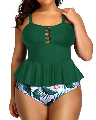 Women's Criss Cross Two Piece Swimsuit Removable Straps-Green Tropical Floral