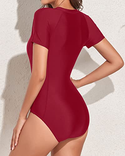 Upf 50+ Surfing Swimwear One Piece Zipper Bathing Suit Short Sleeve Swimsuits-Red
