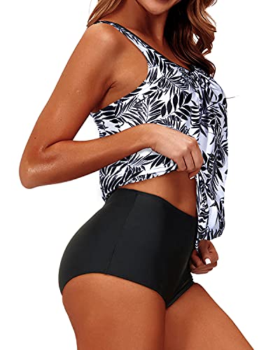 Women's Athletic Blouson Tankini Swimsuit Sports Bra-Black Leaves