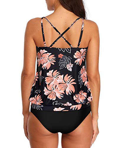 Women's Athletic Swimwear Blouson Tankini Swimsuits For Tummy Control-Black Orange Floral